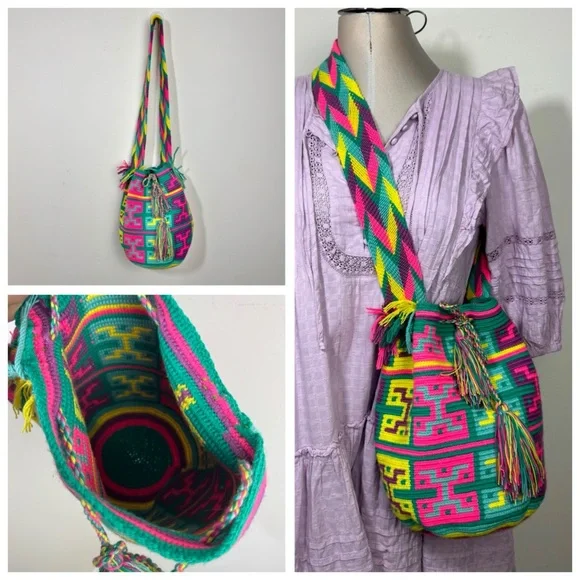 Authentic Wayuu boho bucket Crossbody bag hand woven cotton Multicolor - Picture 3 of 11